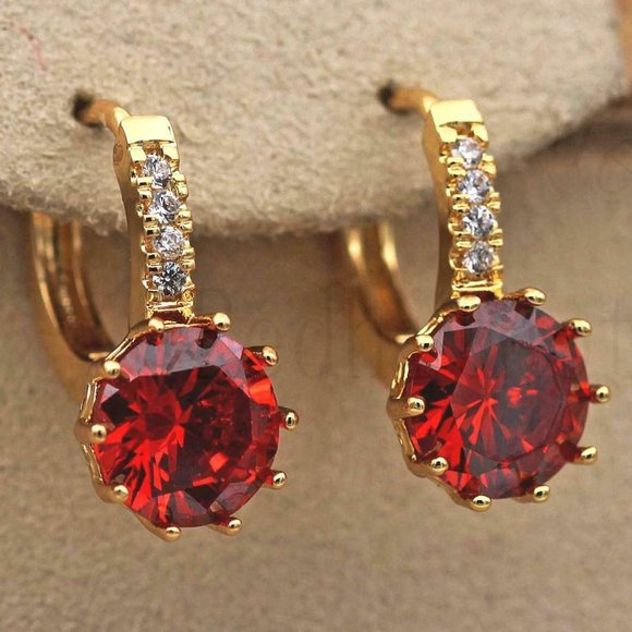 18K Gold Filled Hoop Round Red Ruby Topaz Gems CZ - Picture 3 of 6